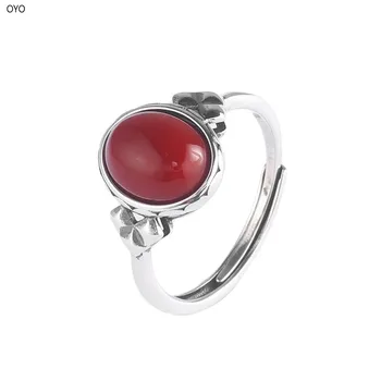 100% Сребро S925 Винтажное тайское сребърен занаятчийско пръстен, инкрустированное червен агатом Hotan Юнань с геометричен бриллиантовым ръба, Открит Сребърен Пръстен