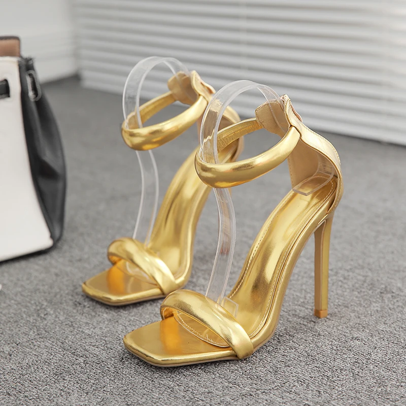 114680 Прости обикновена сандали на високи токчета, женските Нови Модни златни обувки с квадратни пръсти, женски обувки на тънък ток, с голям размер