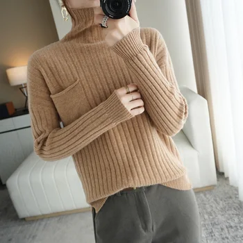2021 есен и зима, нов стил, 100% вълна вязаный кратък пуловер с висока воротом и дълги ръкави, свободна однотонная долна риза