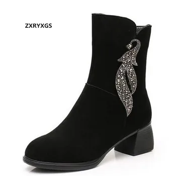 2022 Нов Топ от матирана телешка кожа, черни Модни обувки с кристали, Престрелки ботуши-бубе, по-Големи Размери, Есенно-зимни обувки, Дамски Зимни обувки