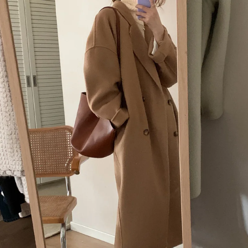 2022 Ново Свободно Вълна палто, женски напредък есенно-зимния Вълна палто в корейски стил Herben, до коляното, палта
