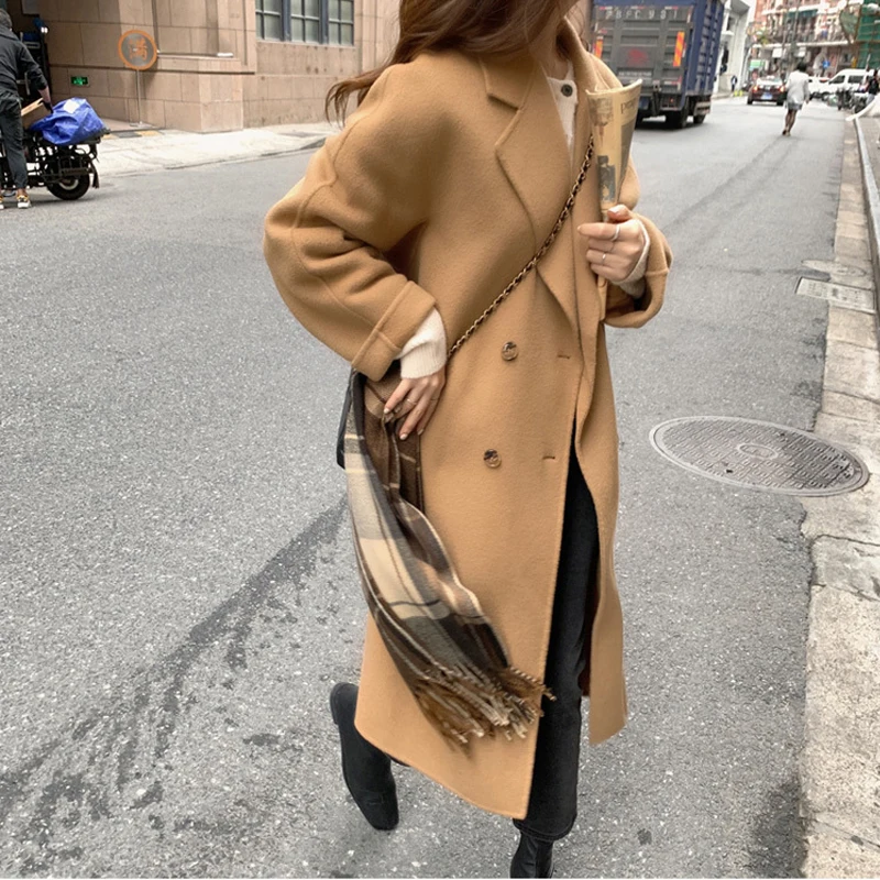 2022 Ново Свободно Вълна палто, женски напредък есенно-зимния Вълна палто в корейски стил Herben, до коляното, палта