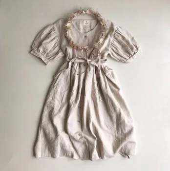 2022 пролетно-лятна ленена жилетка копчета за момичета, дебнещ текстурированное рокля Mori с колан, дрехи за малките момичета