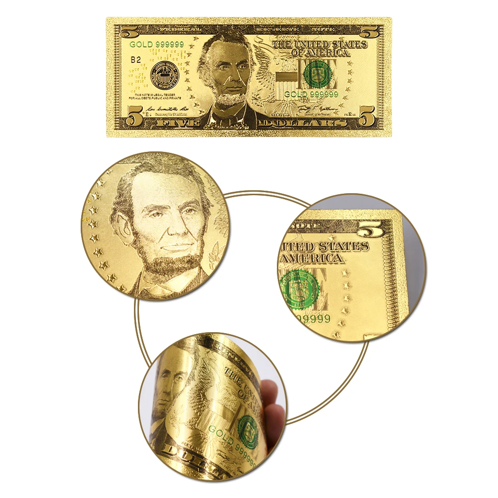 24-каратово Злато Нова Банкнота от 5 долара на Американски Стил Банкнота Банкнота Златна Банкнота Коледна Колекция Домашен Офис Декор