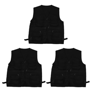 3X Мъжка жилетка за риболов с множество джобове с цип За снимки / Лов / Пътувания, спорт на открито - Черен, XL