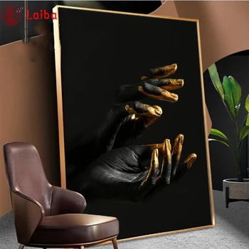 5D САМ диамантена картина на Черната ръка със златен пръст бродерия на кръстат бод пълен квадратен кръг диамант Emerald мозайка картина начало декор