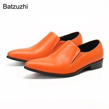 Batzuzhi/модни мъжки обувки; оранжеви кожени модела обувки; мъжки вечерни, сватбени обувки без обков с остри пръсти; размери 38-46
