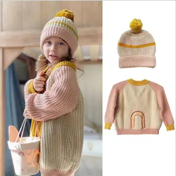 INS детски пуловер 2021 пролет есен нова марка wawa Жилетка с бродерии възли върхове и шапка за момичета, детски пуловер ws2003