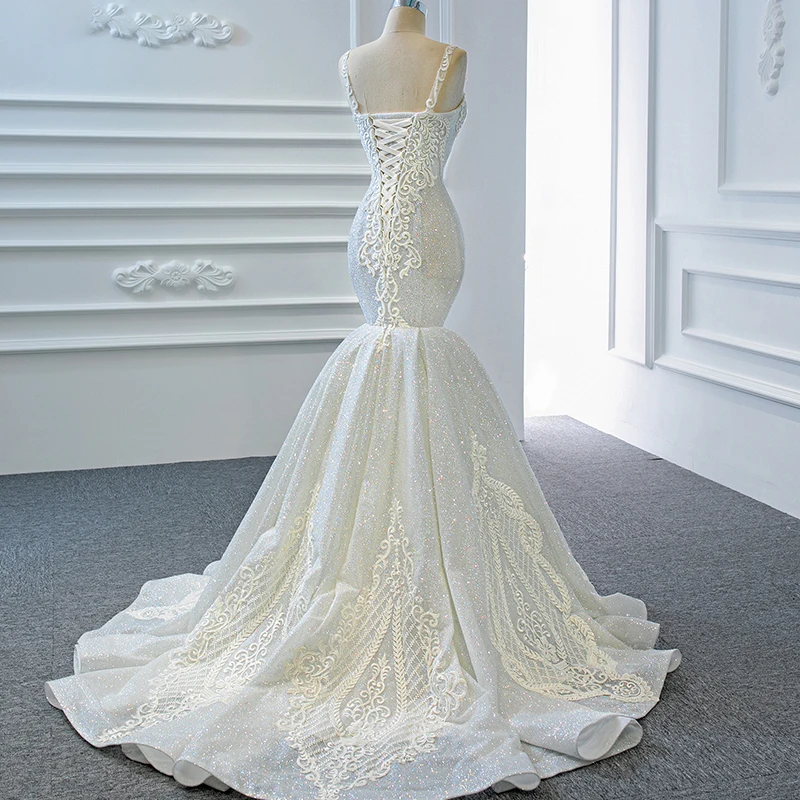 J67137 JANCEMBER Бяла Сватбена рокля Русалка 2021 г., в Елегантна и секси дантела, с V-образно деколте отзад, с гънки на бретелях и ръкави.