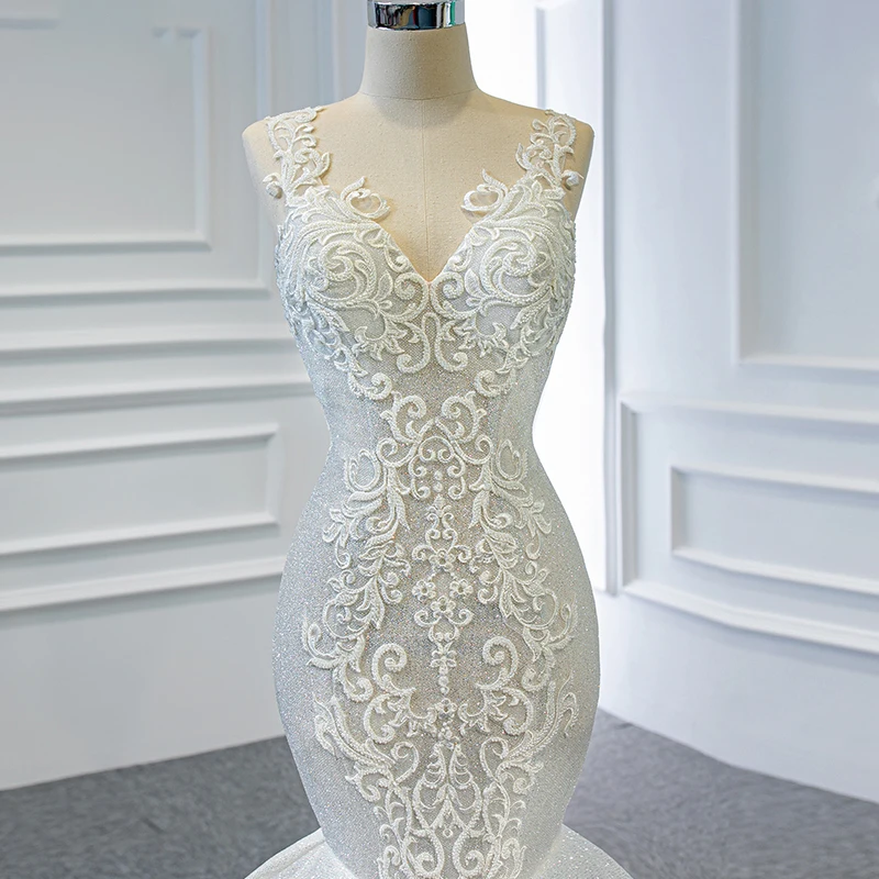 J67137 JANCEMBER Бяла Сватбена рокля Русалка 2021 г., в Елегантна и секси дантела, с V-образно деколте отзад, с гънки на бретелях и ръкави.