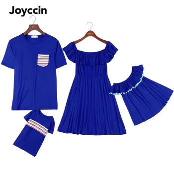 Joyccin/ Еднакви Комплекти За семейството, Лятно Женствена Рокля с открити Рамене и Накъдрен, Мъжка Тениска с Къс Ръкав, Детски Дрехи