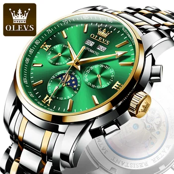 OLEVS Автоматични Механични Мъжки Часовник От Неръждаема Стомана Водоустойчив Дата на Седмица Зелени Модерен Класически Ръчен Часовник Reloj Hombre