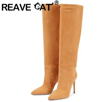 REAVE CAT/Нови дамски ботуши до коляното с остри пръсти на тънък висок ток 9 см, велур слипоны от Флока, големи Размери 35-43, однотонная пикантни обувки за срещи, N0085