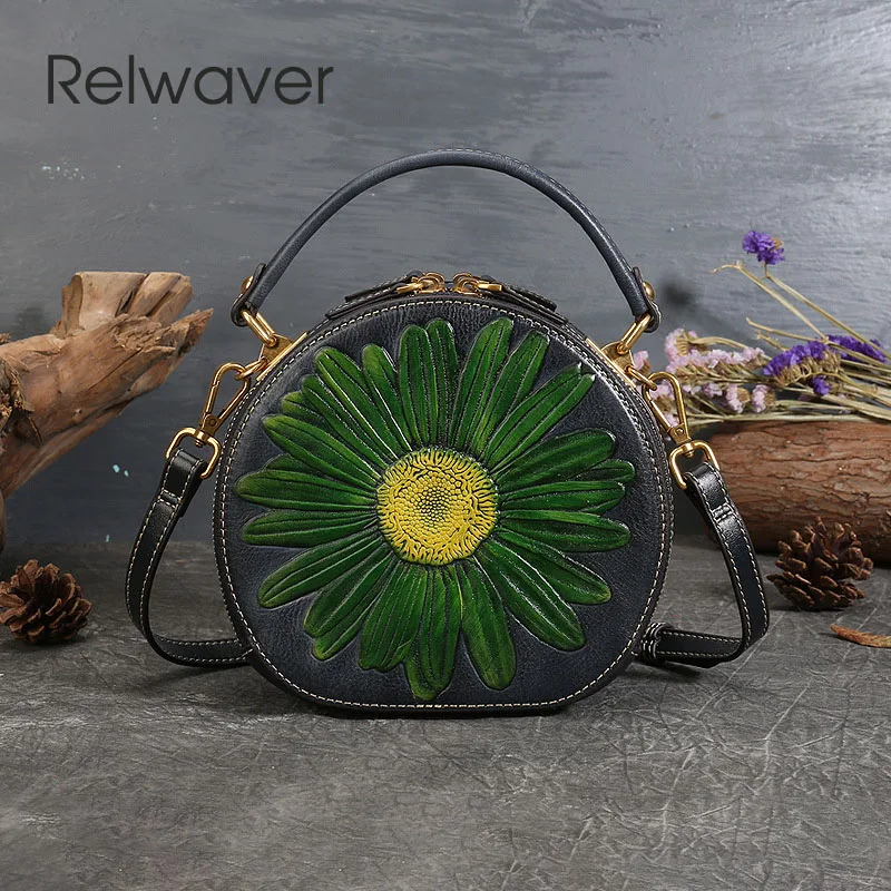 Relwaver женствена чанта от естествена кожа с релефно, най-горния слой, малка чанта с цветен модел, реколта кръгла чанта в китайски стил, чанта през рамо