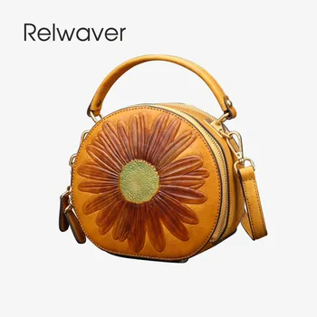 Relwaver женствена чанта от естествена кожа с релефно, най-горния слой, малка чанта с цветен модел, реколта кръгла чанта в китайски стил, чанта през рамо