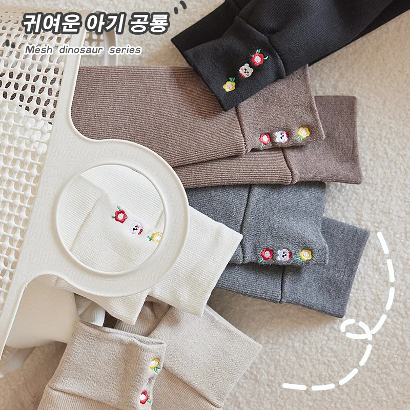 RiniKinda/ детски чорапогащи, сгъстено детски панталони с девет точки, гамаши за момичета, кадифе есен-зима с бродерия