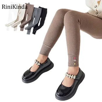 RiniKinda/ детски чорапогащи, сгъстено детски панталони с девет точки, гамаши за момичета, кадифе есен-зима с бродерия