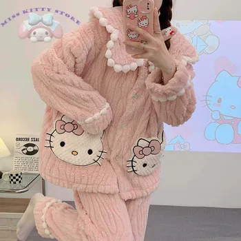 Sanrio Hellokitty Purin/ Сладко Есенно-зимна пижама с анимационни герои, женски топла жилетка за момичета, Домашно облекло, Комплект от две части
