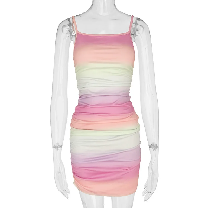 SKMY 2022 нова секси летни дрехи цвят на градиента на печатни плисе на гърба спагети каишка елегантен Bodycon партия clubwear