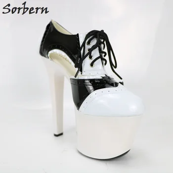 Sorbern/черно-бели, блестящи женски обувки-лодка на много висок ток с шнур и платформа с кръгла пръсти, платформа обувки от лачена кожа, Ток 2018