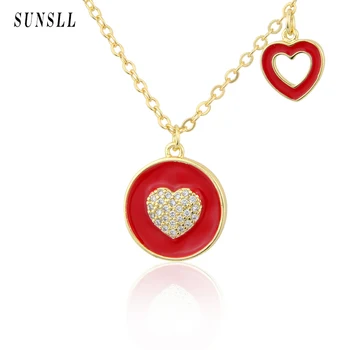 SUNSLL Нов Дизайн Двойна Етикет Червено Сърце Висулка Позлатена Мед с Цирконии Модно Колие Изискани Бижута Подарък За Жена