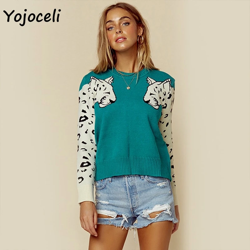 Yojoceli женски пуловер в стил мозайка от снежен леопард, женски 2019 модерен вязаный жилетка, пуловер, всекидневни трико с кръгло деколте