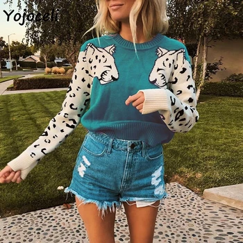 Yojoceli женски пуловер в стил мозайка от снежен леопард, женски 2019 модерен вязаный жилетка, пуловер, всекидневни трико с кръгло деколте