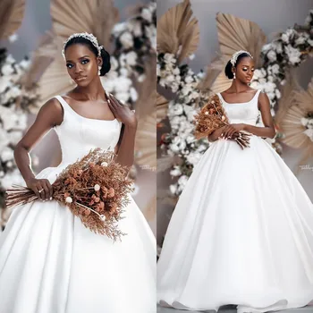 Африкански Бели Елегантни Сватбени Рокли за Булката 2022 Сатенени Рокли за Втори Прием Без Ръкави на Поръчка vestido de новия