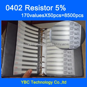 Безплатна доставка SMD 0402 Проба Резистора Книга 5% Толеранс 170 стойности на x 50 бр. = 8500шт Комплект резистори 0R ~ 10 м