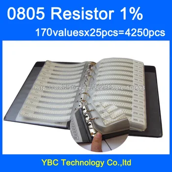 Безплатна доставка SMD 0805 Проба Резистора Книга 1% Допускане 170valuesx25pcs = 4250pcs Комплект резистори 0R ~ 10 м