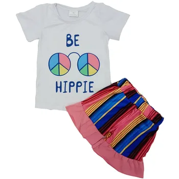 Безплатна доставка, бутик за малки момичета, синьо топ с писмото принтом, многоцветни райета къси панталони, комплекти, дрехи от 2 теми