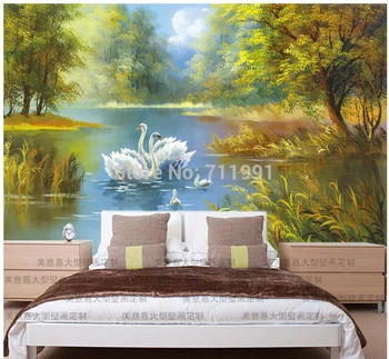 Безплатна доставка по поръчка 3-d съвременната стенопис Всекидневна с диван, ТЕЛЕВИЗОР, веранда на фона на тапети тапети Лебедово езеро