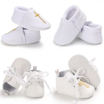 Бели Обувки За Кръщаване на Новородени, Крестильный Златен Кръст, Обувки За Бебета, Обувки за Малките Момчета И Момичета, Обувки, Без Съединителни Подметка за Деца