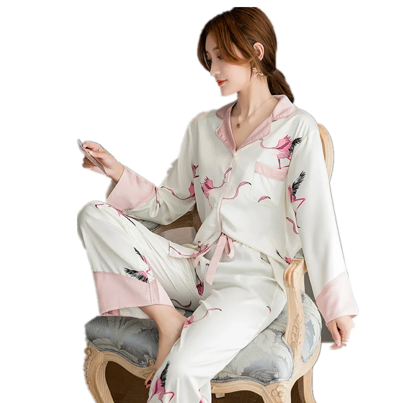 Бяла Розова Пижама с Принтом Фламинго от естествена Коприна, за Жени, Модерен Домашен Костюм, Пролетно Пижами