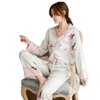 Бяла Розова Пижама с Принтом Фламинго от естествена Коприна, за Жени, Модерен Домашен Костюм, Пролетно Пижами