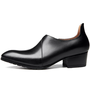 Висококачествени мъжки Елегантни обувки на нисък ток с остър пръсти За Зрели Мъже, Офис Кожени обувки с цип, Уголемени Oxfords 5 см