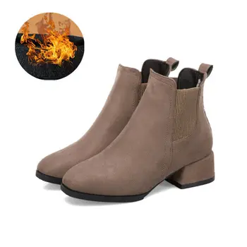 Дамски есен-зима ботильоны от Флока, без шнур, с кръгло бомбе, на площада ток 3.5 cm, обикновена ежедневни обувки черен/цвят на камилска козина, Zapatos Para Mujer