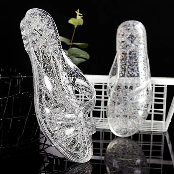 Дамски Чехли Кристални, Блестящи Пластмасови Прозрачни Гума За Ниска Пета Елегантни Домашни Летни Интегрирани Инжекционни Обувки