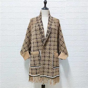 Дамско Пончо есен-зима, имитирующее норки бархатную шал с пискюли, яке-чонсам, шал, с двойно предназначение, женски дъждобран с дълги ръкави, потници