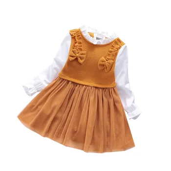 Детски дрехи, Дамско Пролетно-есенни дрехи за момичета, Фалшива Окото Пола Принцеса с дълги ръкави и Лък от 2 теми