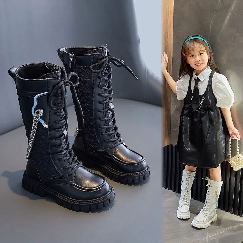 Детски Модни обувки за момичета, Пролетно-есенна верига, Малък Джоб, Универсален, Чисто Черно, 2022, Детски Високи Ботуши за Подиум в Британски стил