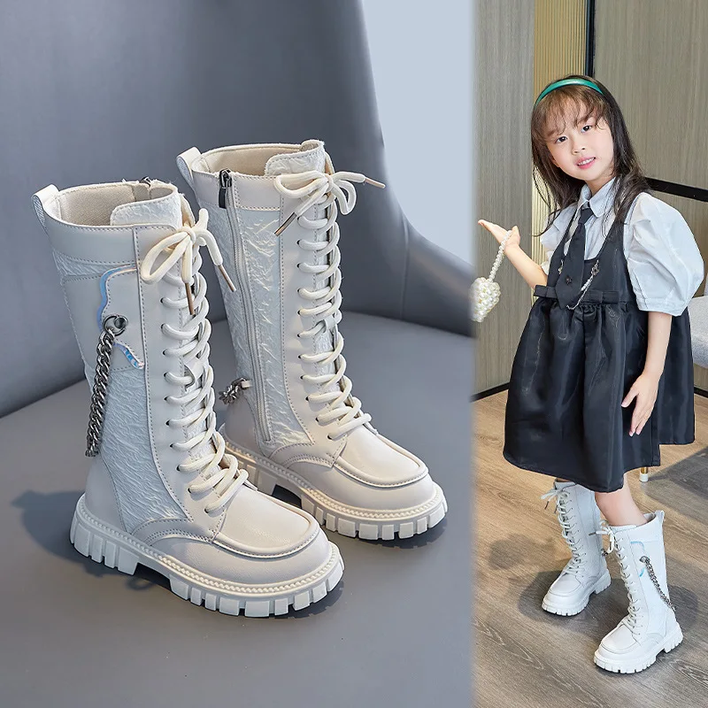 Детски Модни обувки за момичета, Пролетно-есенна верига, Малък Джоб, Универсален, Чисто Черно, 2022, Детски Високи Ботуши за Подиум в Британски стил