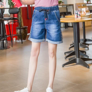 Дънкови къси панталони с еластичен ластик на талията, дамски летни нови корейски свободни дебели керлинговые къси панталони големи размери с широка штаниной и висока талия