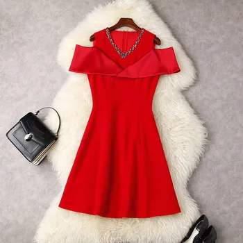 Европейската и американската дамски дрехи пролет 2022, ново червено модно приталенное рокля с V-образно деколте и открити рамене