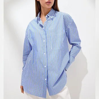 Елегантна и Класическа Риза От чист памук в Контрастни Райета Пролетно-Есенен Дамски Свободна Ежедневни Риза с дълъг ръкав от Драпа
