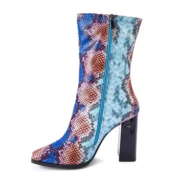 Женски обувки в британски стил от изкуствена кожа, Монофонични Змия модел, Квадратен чорап, Дебел ток, цип, Модни Градинска Ежедневни дамски обувки KC204