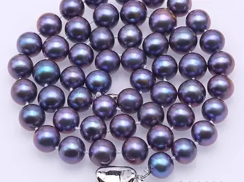 За жени Бижута от естествени перли 8x9 мм, Черен, сив цвят перли 925 сребърна закопчалката на веригата и колиета от Естествени сладководни перли подарък 17 
