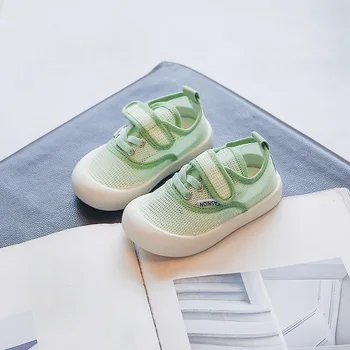 Зелена Пролет Нова Детска Дишащи Обувки За Момчета 2022 година, Ежедневни Обувки на плоска Подметка с плетене на една Кука и Линия, Скъпа Детска Мода Обувки с Кръгло Бомбе За Момичета, Мрежа, Спортни Обувки