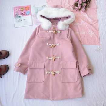 Зимата японското палто в стил сладка лолита в стил колеж, кожа яка, качулка, дървени обтегач, кавайное палто, кавайное палто в готически стил за момичета, палта в стил лолита