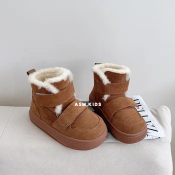 Зимни Нови детски Зимни обувки, Нова Детска Дебела Топла Обувки с памучна подплата, Къси ботуши от естествена кожа на Меху